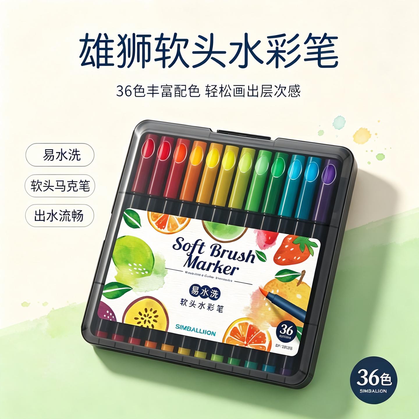 雄狮软头水彩笔24色36色可水洗画笔学生美术绘画用彩色文具用品
