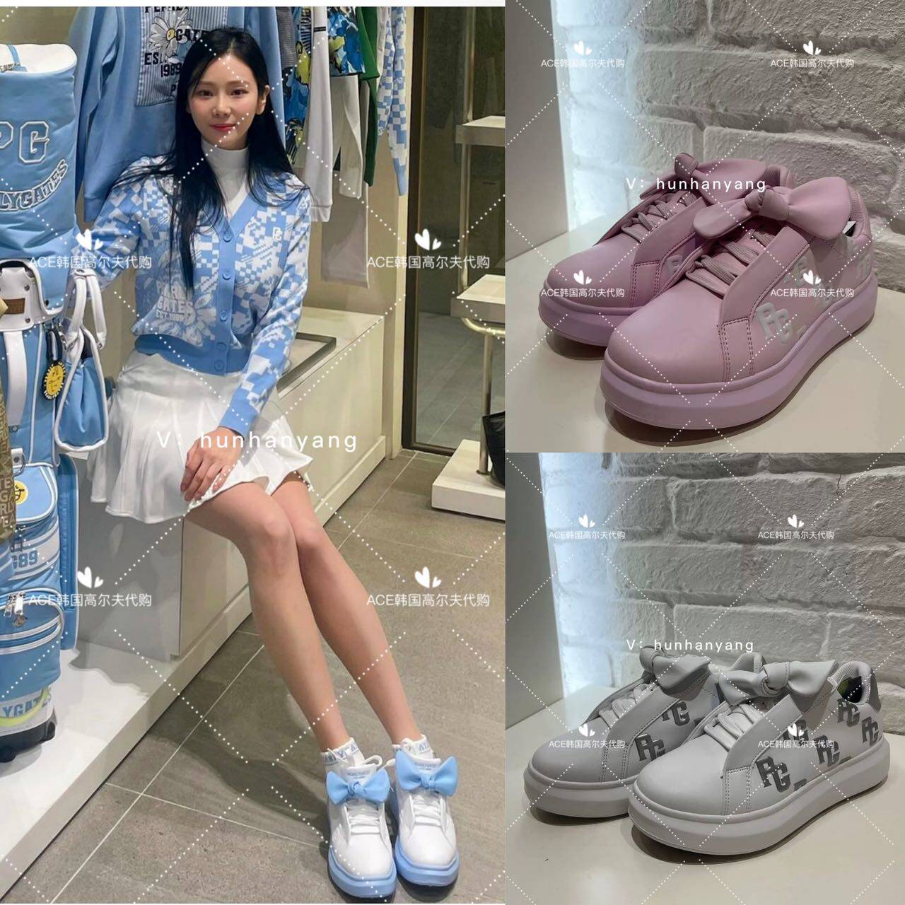 PG女士高尔夫折扣球鞋24春季百搭厚底增高个性蝴蝶结休闲运动鞋