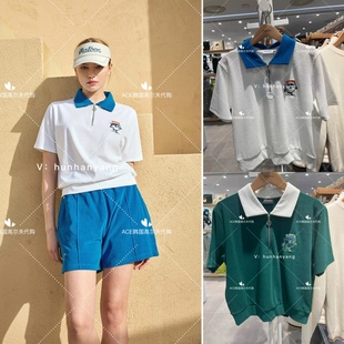 malbon高尔夫女士24春季 折扣百搭LOGO翻领拼色拉链针织短袖 POLO衫