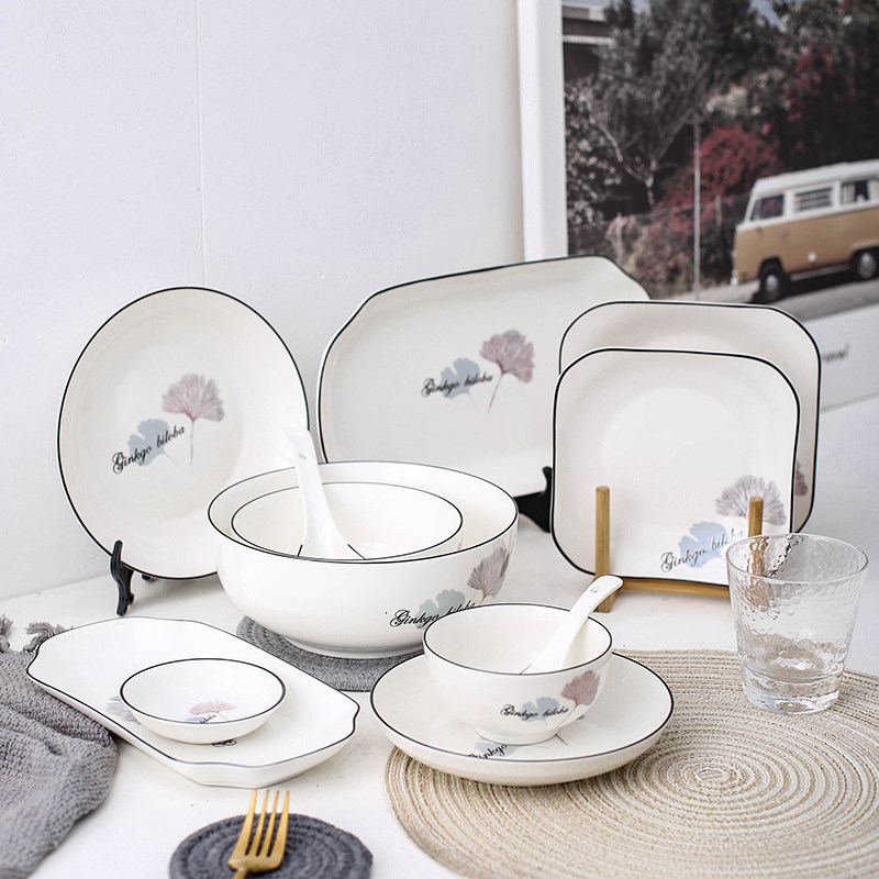初心简约黑线银杏叶北欧美餐具陶瓷小勺碟饭碗面碗饭盘鱼圆盘鱼盘,餐饮具,碗,淘宝优惠券,粉丝福利购,淘宝优惠卷