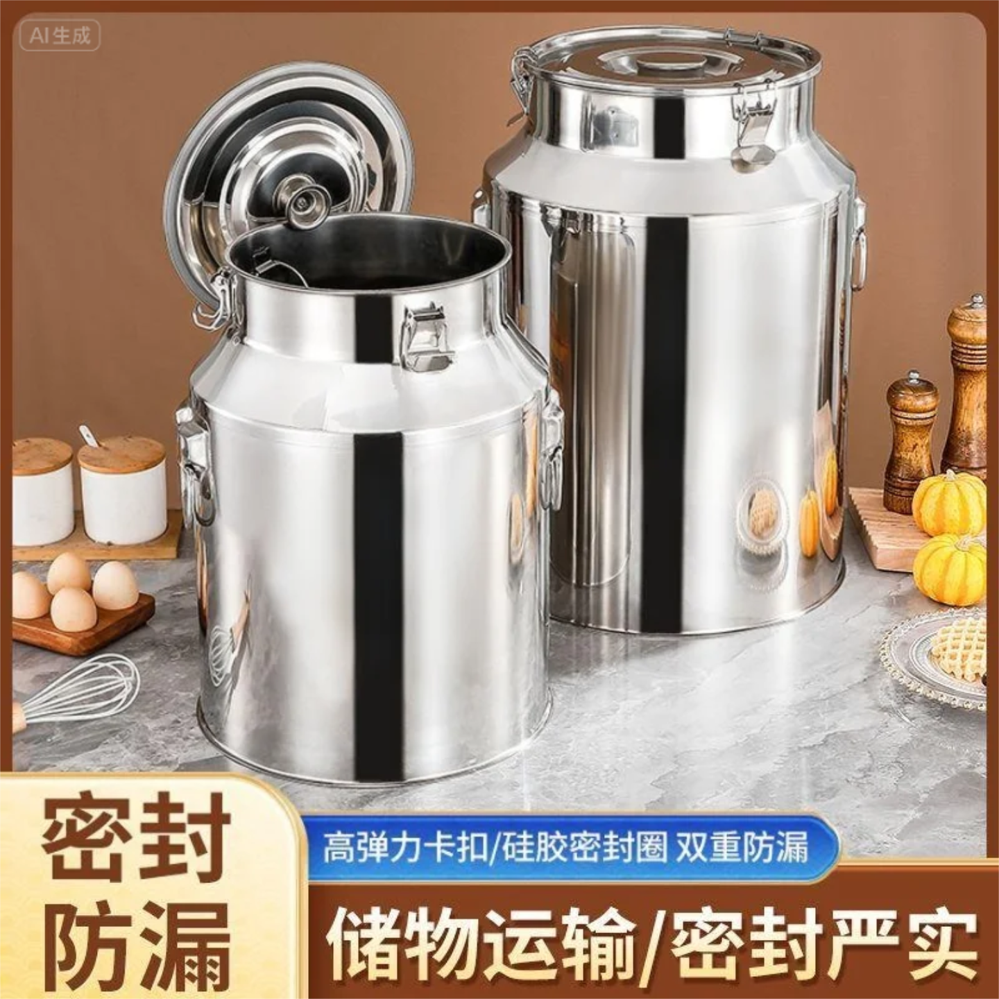 不锈钢密封米桶硅胶密封圈5L大容量储物罐带盖防漏金属谷物储存桶