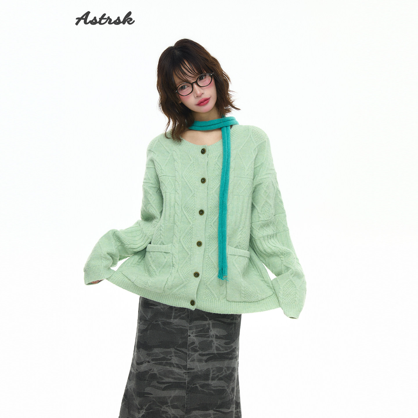 ASTRSK韩系甜美气质高级感短款薄荷绿立体麻花圆领针织毛衣开衫女,女装/女士精品,毛衣,淘宝优惠券,粉丝福利购,淘宝优惠卷