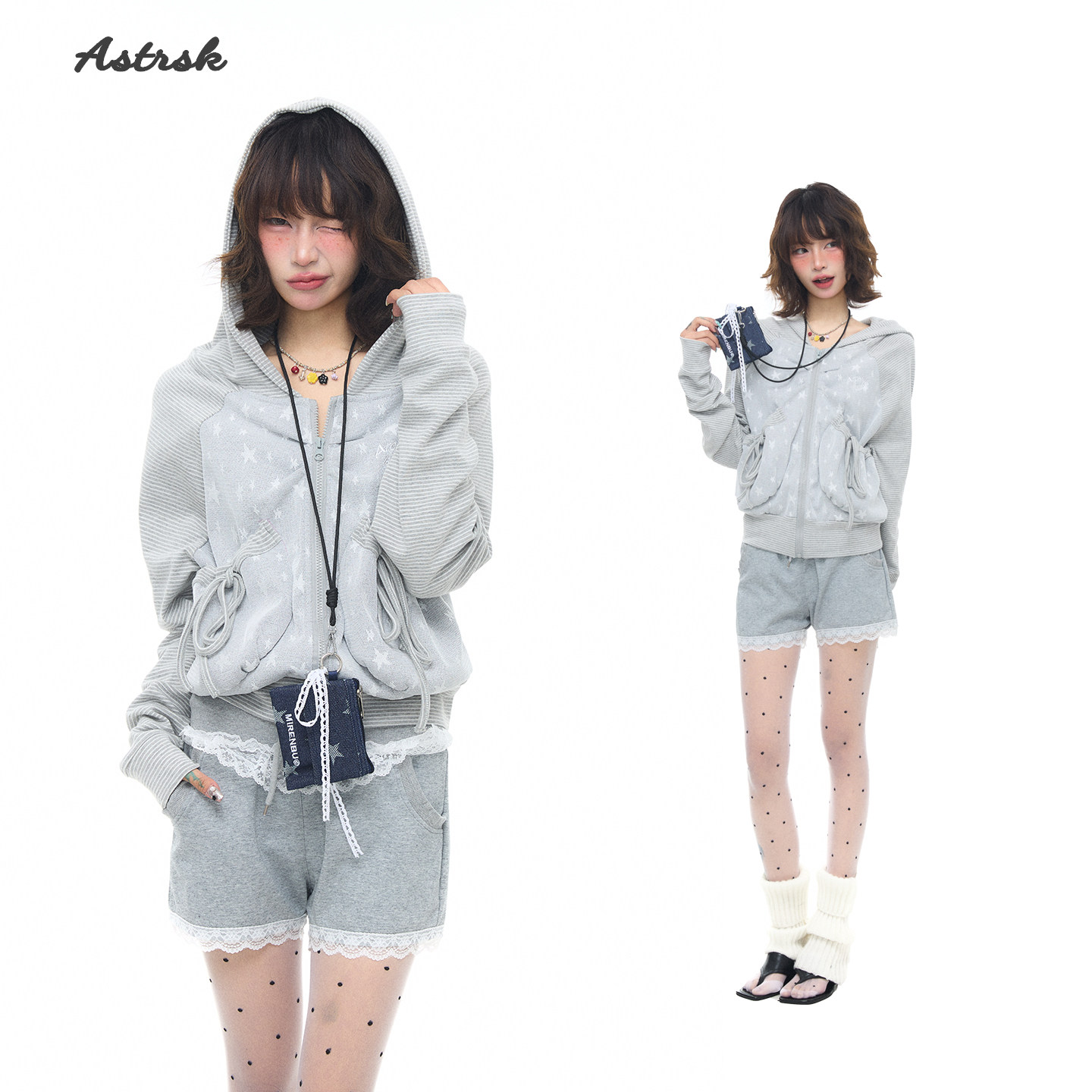 ASTRSK 韩系甜美风星星条纹拼接连帽卫衣女春季设计感开衫短外套