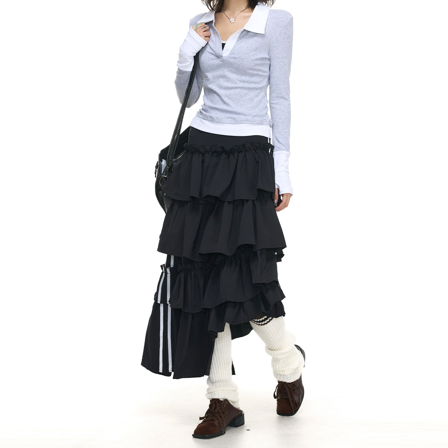 ASTRSK韩系甜酷不规则条纹蛋糕裙半身裙芭蕾风木耳边显瘦中长裙女