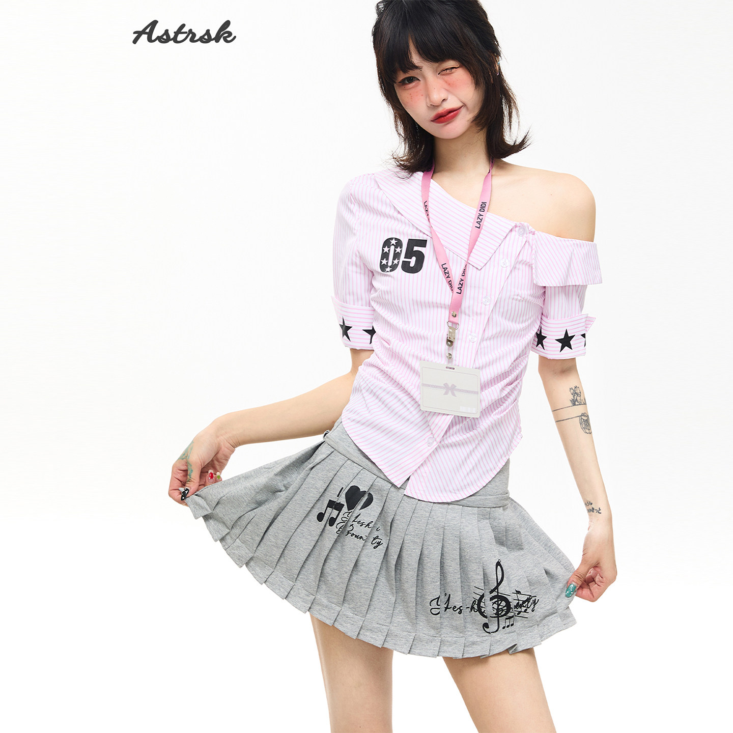 ASTRSK原创韩系斜肩短袖衬衫女夏季条纹收腰显瘦衬衣短款修身上衣