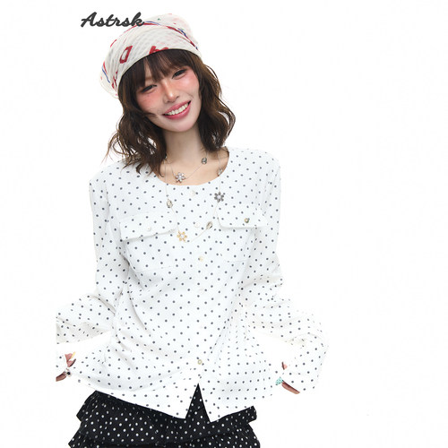 韩系学院少女波点圆领长袖衬衫女