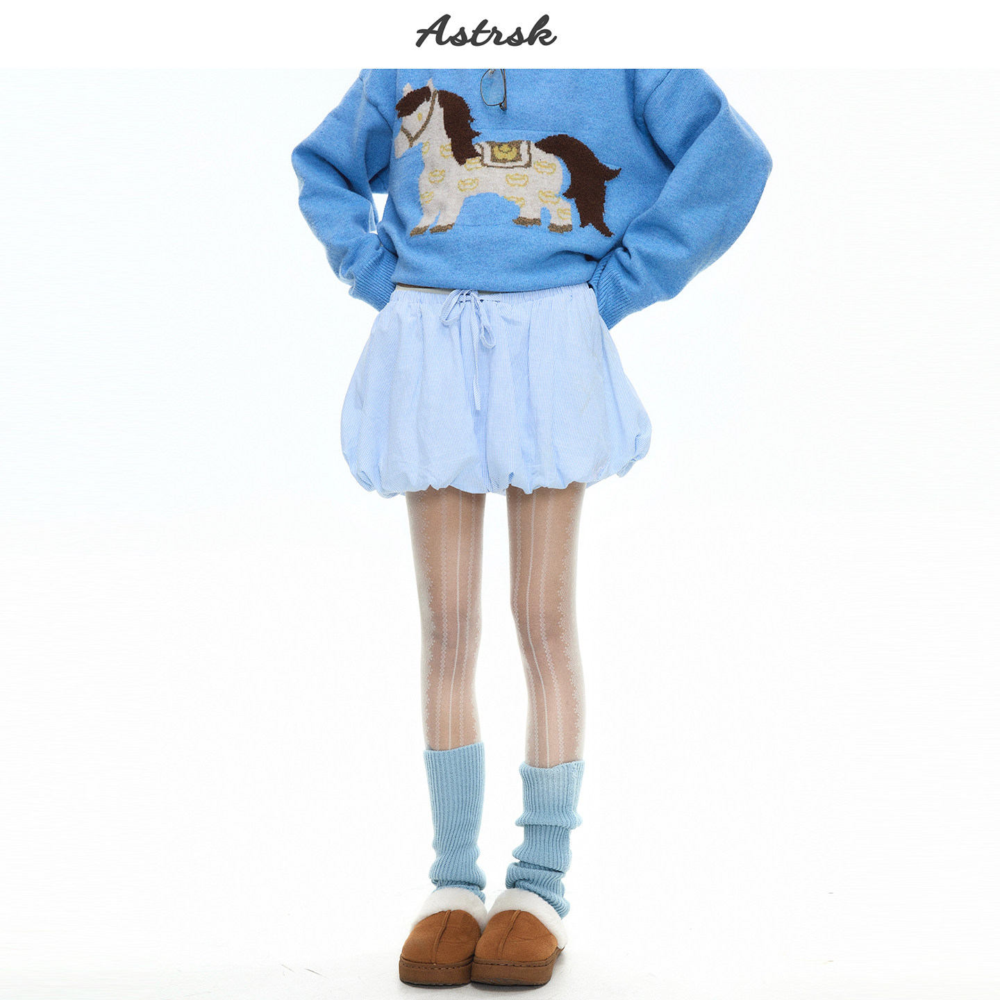 ASTRSK韩系竖条纹a字花苞裙短裙女春夏季芭蕾风显瘦半身裙蛋糕裙