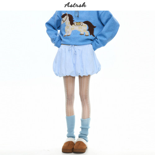 韩系竖条纹a字花苞裙短裙女