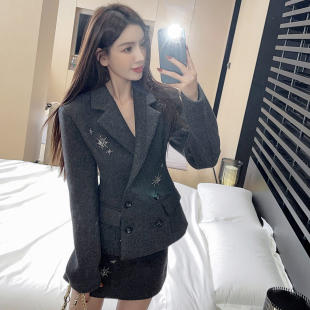 外套a字裙韩系收腰设计感休闲套装 毛呢西装 灰色珠片修身 2025新款