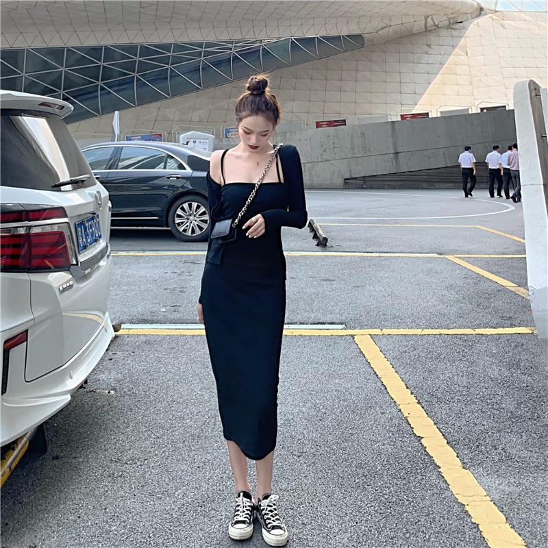 Real price ~ early spring fashion temperament show thin long sleeve short coat suspender bag hip dress two sets