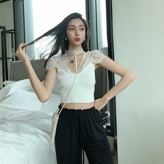 Hong Kong Style thin collar low cut open back lace stitching knitted sexy short bottomed top