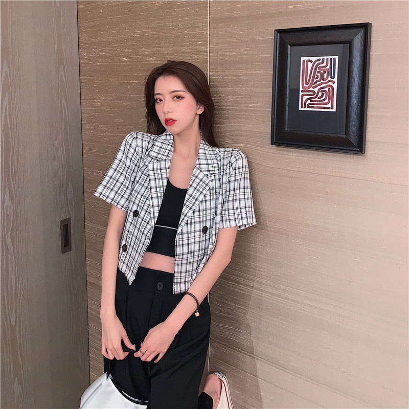 Hong Kong style retro high waist Plaid Blazer Jacket short style foreign style short sleeve double breasted suit