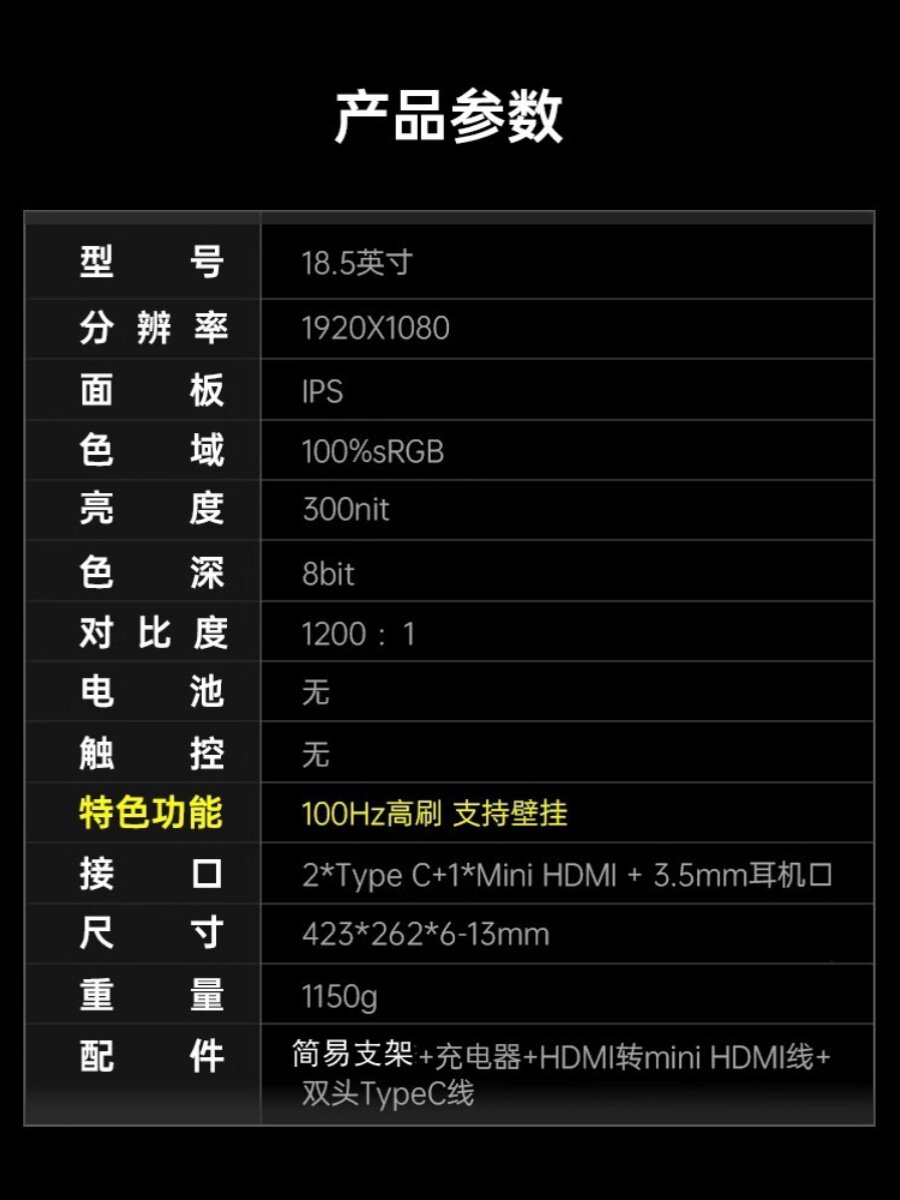 18.5인치 휴대용 디스플레이 휴대폰 컴퓨터 노트북 확장 보조 화면 대형 스크린 스위치 PS5 XBOX