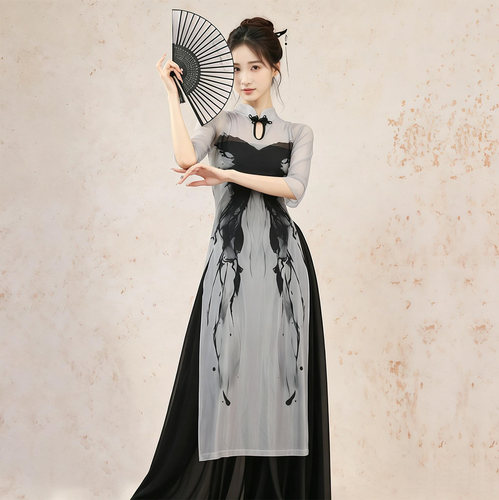 古典舞蹈服女蝴蝶水墨印花身韵旗袍国风纱衣艺考中国舞表演练功服
