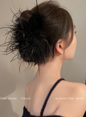 纯欲ins风鸵鸟发夹后脑勺盘发羽毛抓夹头饰鲨鱼夹鸡毛高级感发饰