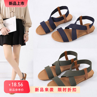 wish爆款 女夏松紧带平底露趾休闲百搭学生罗马鞋 凉鞋 2025新款