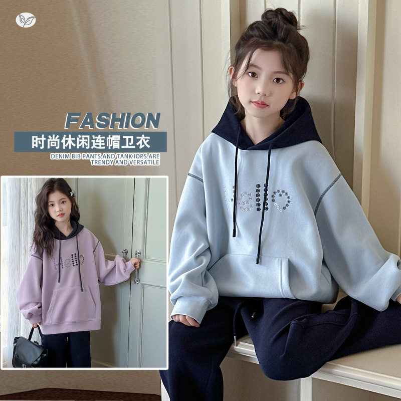 洋气女孩韩版卫衣春秋季中大女童学生连帽休闲外套拼色潮流百搭