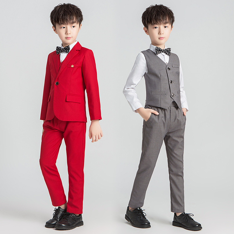 男童西装春秋款演出礼服男孩西服套装花童婚礼表演走秀儿童红色