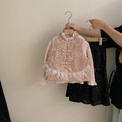 女童新中式丝绒马甲秋冬款国风儿童亮片旗袍唐装宝宝高级感新年装