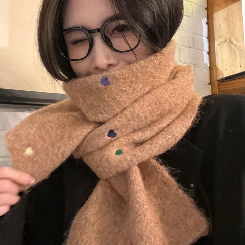 韩版2023年新款多巴胺粉色爱心围巾女秋冬季保暖针织披肩围脖学生