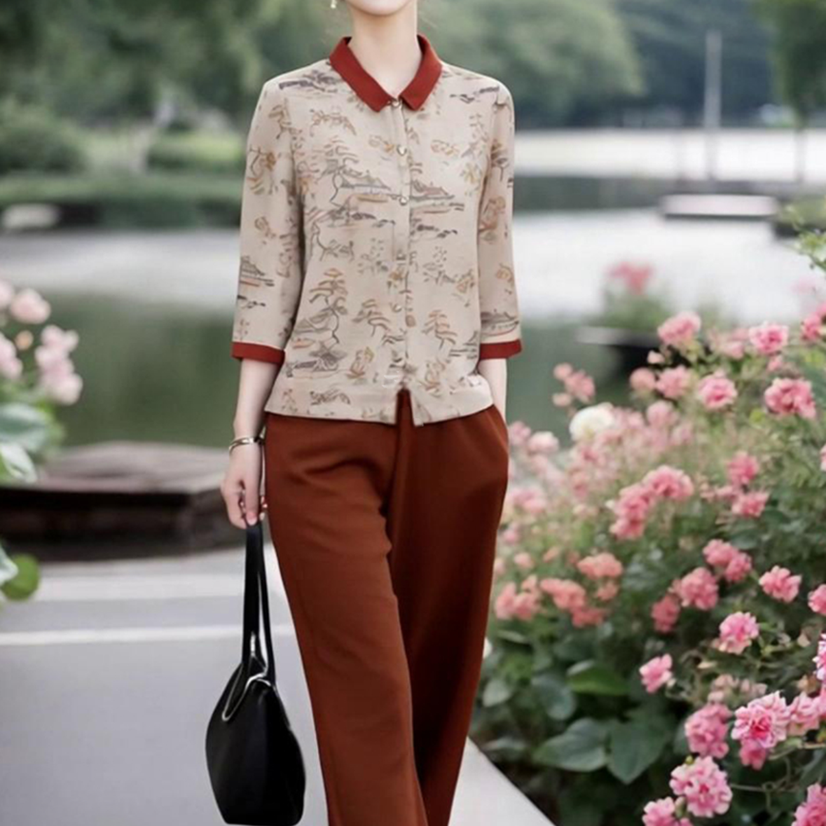 素雅订制女装原创品牌2025早秋新款国风撞色印花衬衫松紧腰裤套装