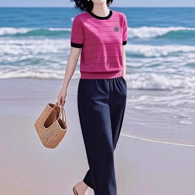 素雅订制女装原创品牌夏季新款冰丝针织衫宽松舒适休闲裤两件套装