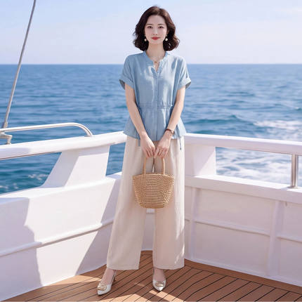 素雅订制女装原创品牌2026新款抽绳收腰短袖衬衫直筒九分裤两件套