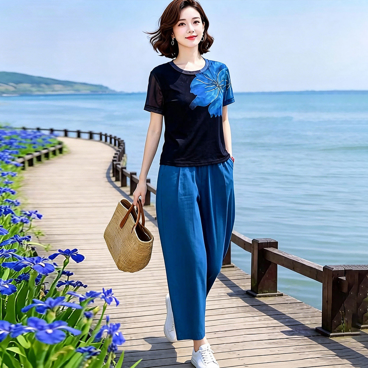 素雅订制女装原创品牌夏季新款洋气网纱印花上衣松紧腰九分裤套装