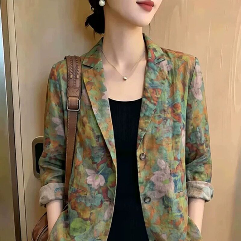 素雅女装原创品牌新款个性洋气印花翻领薄款外套2026早秋款上衣