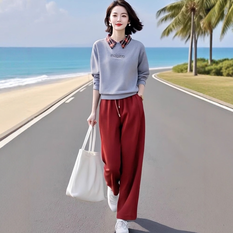 素雅订制女装原创品牌店时尚格子翻领卫衣+松紧腰直筒卫裤套装秋