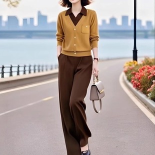 原创品牌秋季 套装 新款 松紧腰九分裤 翻领假两件针织衫 素雅订制女装