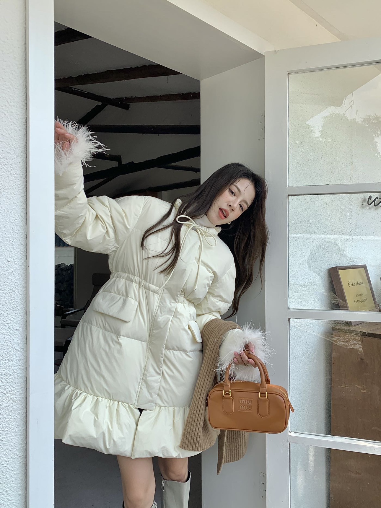 现货发~法式小香风羽绒服女中长款气质收腰荷叶边下摆超仙外套冬