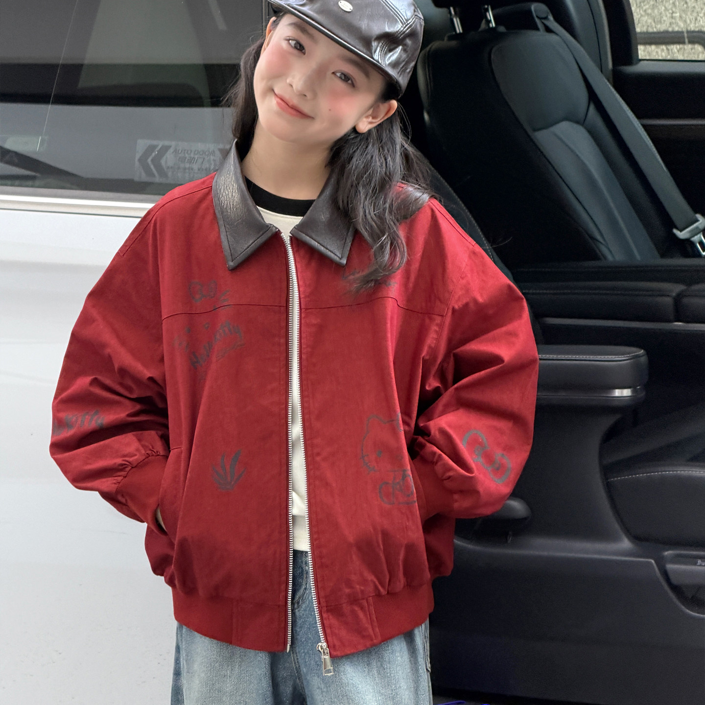 女童外套秋装韩系红色皮领棒球服图片