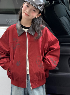 女童外套秋装韩系红色皮领棒球服