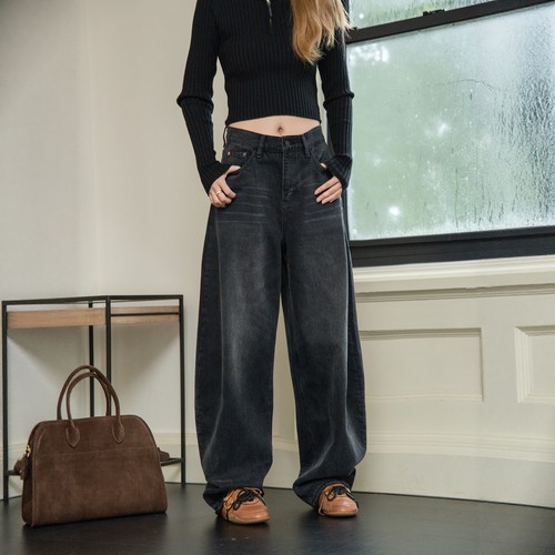 12平方复古抓纹阔腿弯刀牛仔裤女