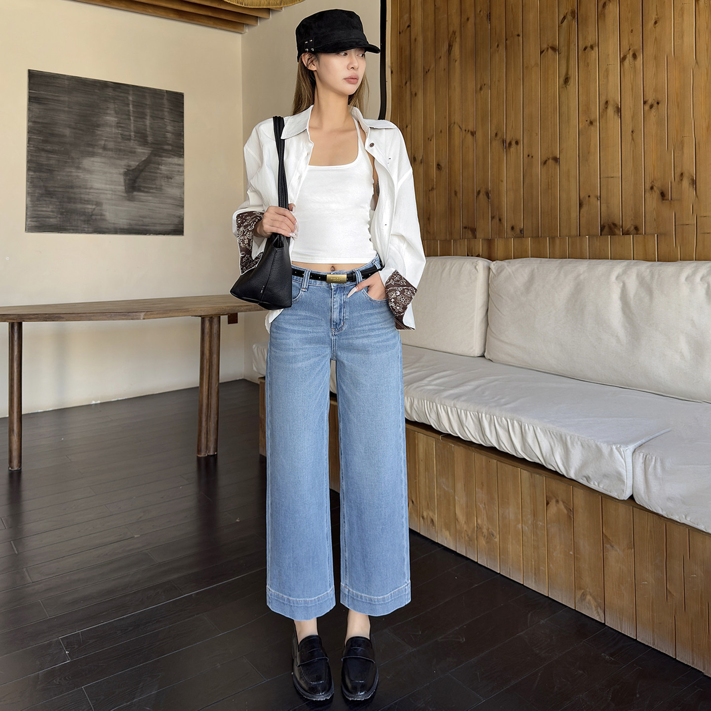 12平方蓝色四面弹九分阔腿牛仔裤女2026高腰显瘦百搭小个子直筒裤