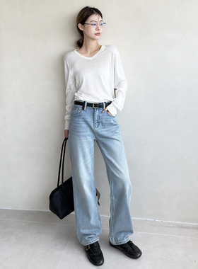 12平方87182浅蓝窄版阔腿牛仔裤女2026新品小个子显瘦显高直筒裤