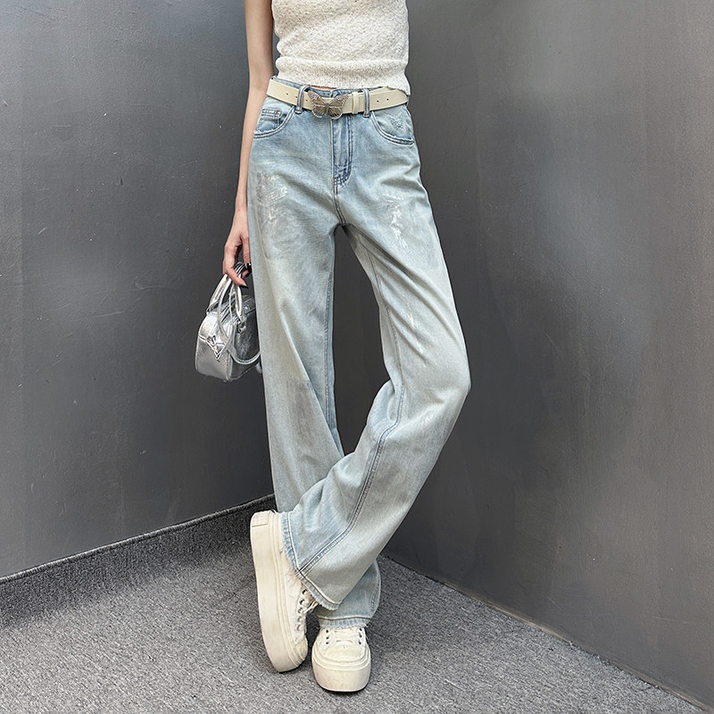 炫吾96012浅蓝色窄版阔腿牛仔裤女2025春季新弹力显瘦直筒拖地裤