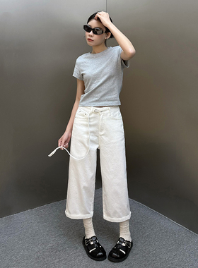 炫吾79275新款白色弹力宽松薄款8分奶奶裤女2025夏季阔腿牛仔裤潮