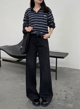 炫吾79531石墨黑松弛拖地筒喇叭阔腿牛仔裤女复古高腰宽松阔腿裤