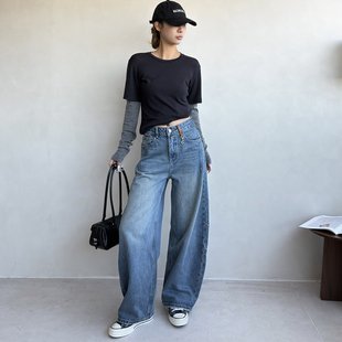 氛围感显瘦阔腿裤 12平方87309蓝色立体剪裁弯刀牛仔裤 女2026新品