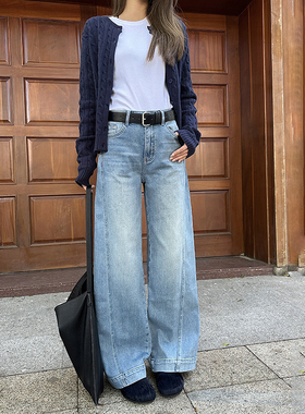 12平方83516蓝色无弹立体剪裁窄版直筒阔腿裤女2025春季新款长裤