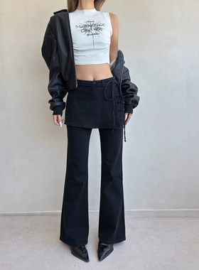 十二平方83083假两件设计感微喇叭牛仔裤女显瘦时尚皮帘喇叭裤子