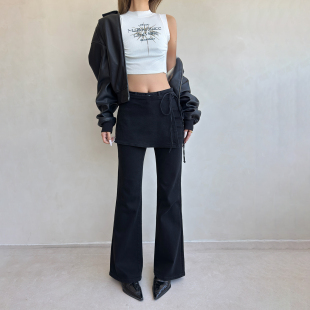 十二平方83083假两件设计感微喇叭牛仔裤女显瘦时尚皮帘喇叭裤子