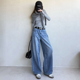 潮 显瘦宽松阔腿裤 12平方蓝色立体剪裁设计弯刀牛仔裤 女2026春新品