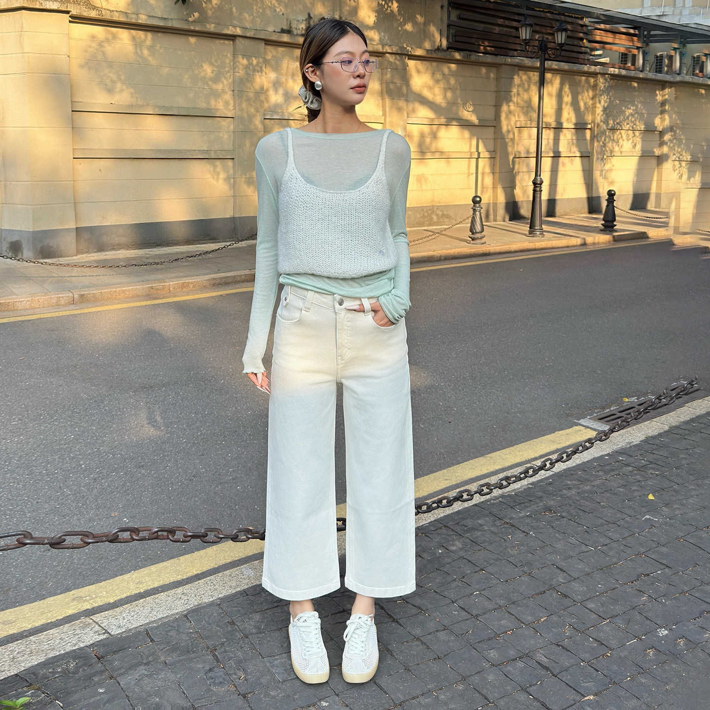 12平方白色四面弹九分阔腿牛仔裤女2026高腰显瘦百搭小个子直筒裤