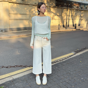 12平方白色四面弹九分阔腿牛仔裤女2026高腰显瘦百搭小个子直筒裤