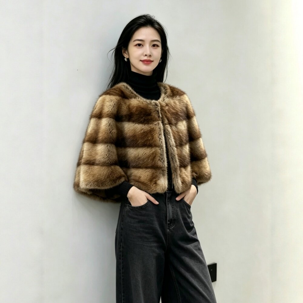 时尚风短款貂青根貂斗篷款毛皮草横排外套女秋冬原色条纹连帽保暖