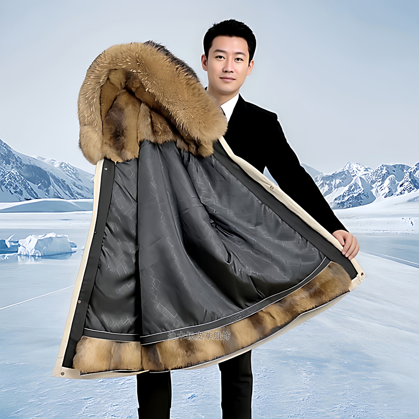 迪木杨男加厚保暖皮毛一体派克服