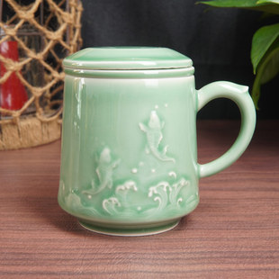 云间青瓷龙泉窑茶杯中式带盖带茶滤商务办公室会议泡茶杯陶瓷水杯